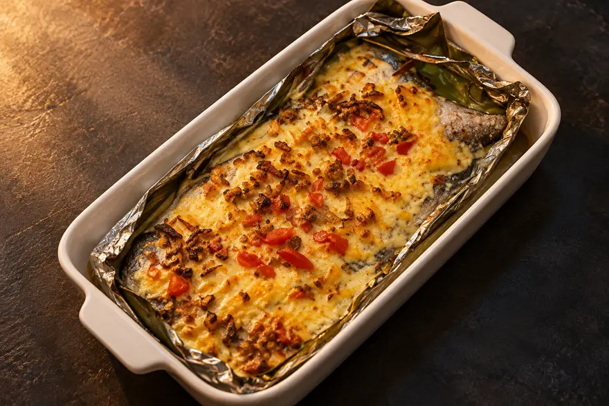 Baked Bangus topped with melted cheese and tomato in a foil-lined baking dish