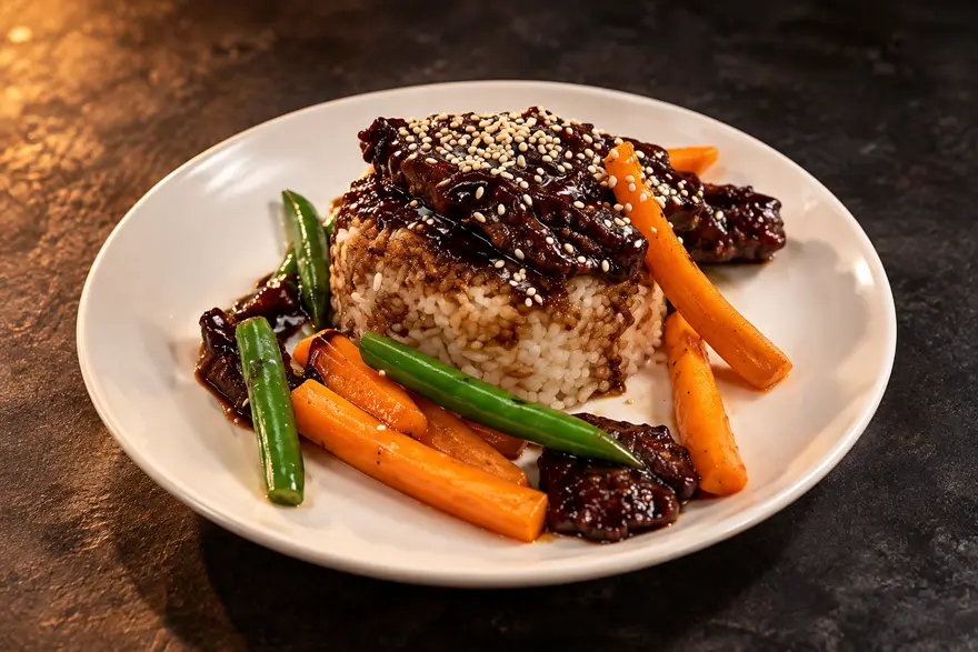 Beef Teriyaki with carrots and green beans on a plate with rice