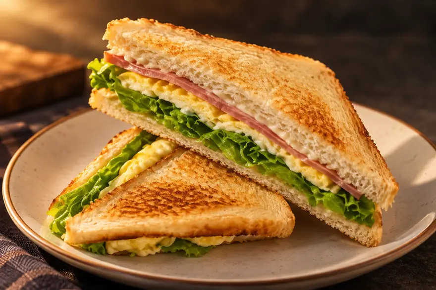 Ham and Egg Sandwich cut into triangles on a plate