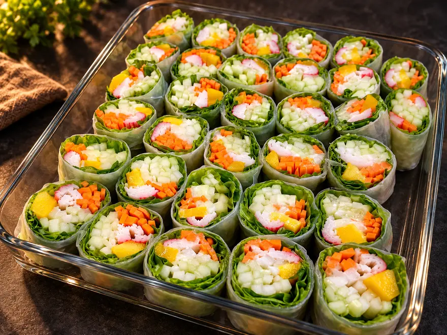 Kani Salad Rolls arranged in rows in a glass dish