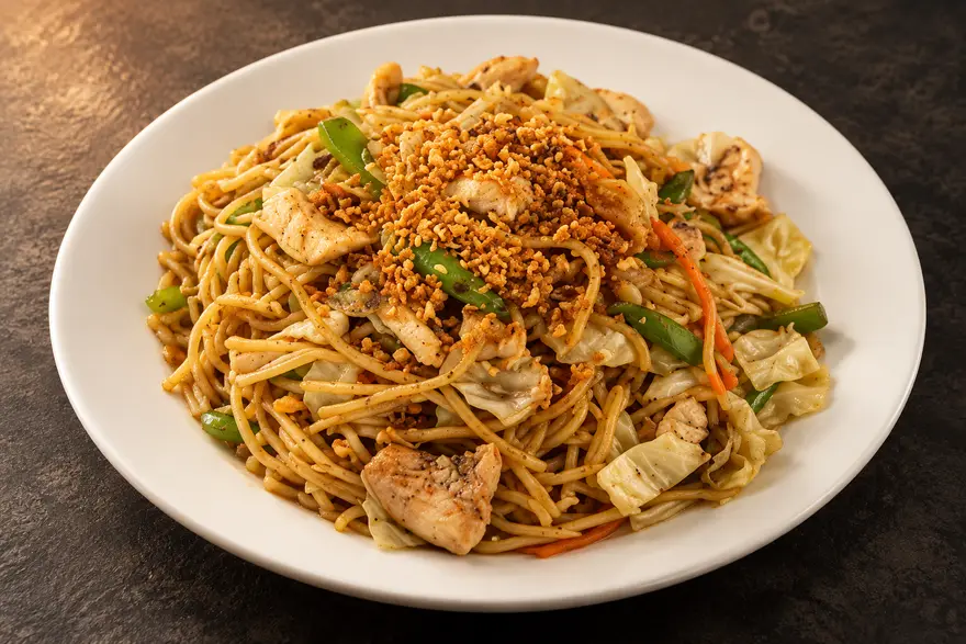 Pancit Canton noodles with vegetables on a white plate