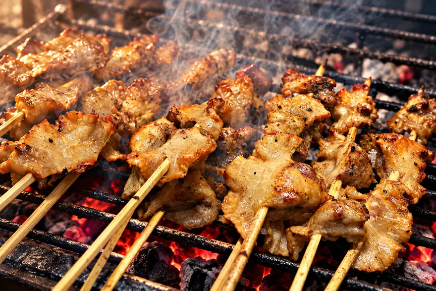Skewers cooking over hot charcoal on a grill